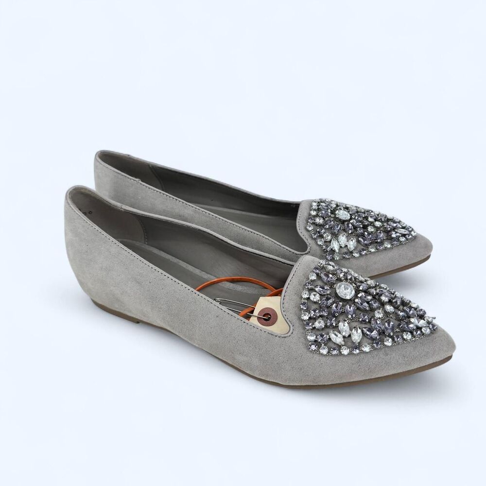Catwalk Grey Faux Suede Jeweled Pointed Toe Ballet Flats Size 9